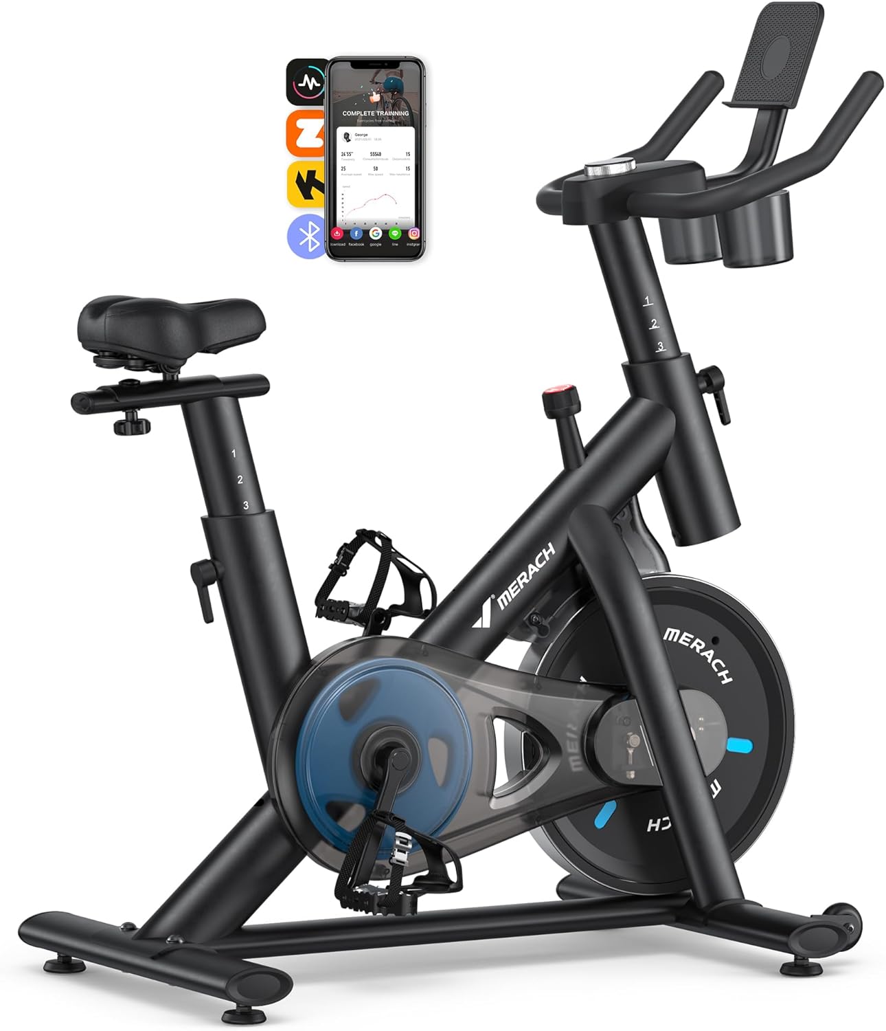 MERACH Exercise Bike, Brake Pad Stationary Bike with Exclusive App, Low Noise Indoor Cycling Bike with 300lbs Weight Capacity, Tablet Mount and Fitness Courses for Weight Loss