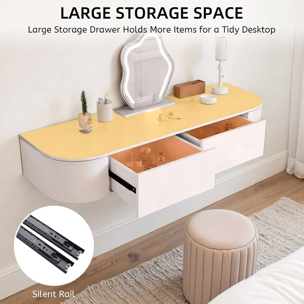 White Floating Vanity Makeup Table Wall Mounted Vanity Desk Wall-mounted Makeup Cabinet Dressing Floating Corner Desk Dresser Storage Set With Mirror And Lights Small Space Bedside Dressing Table(Free