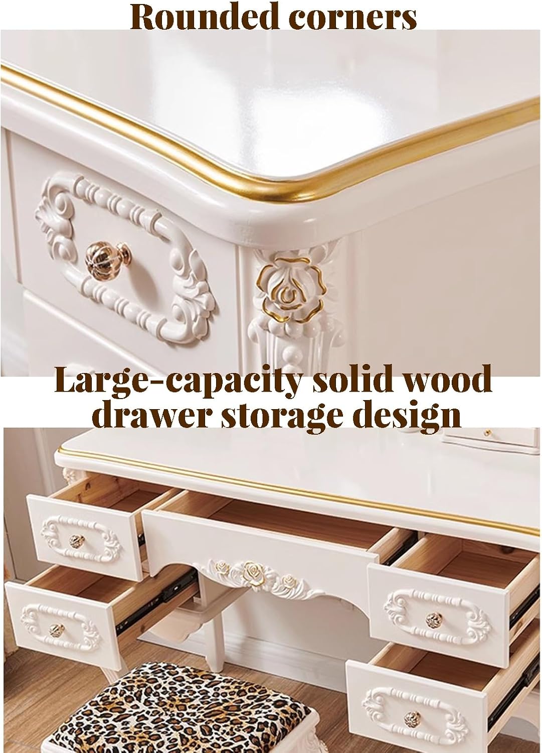 Dressing Table,Vanity Desk with Drawers and Cushioned Stool,Makeup Vanity Table Set with Mirror and Light,European Retro(D)