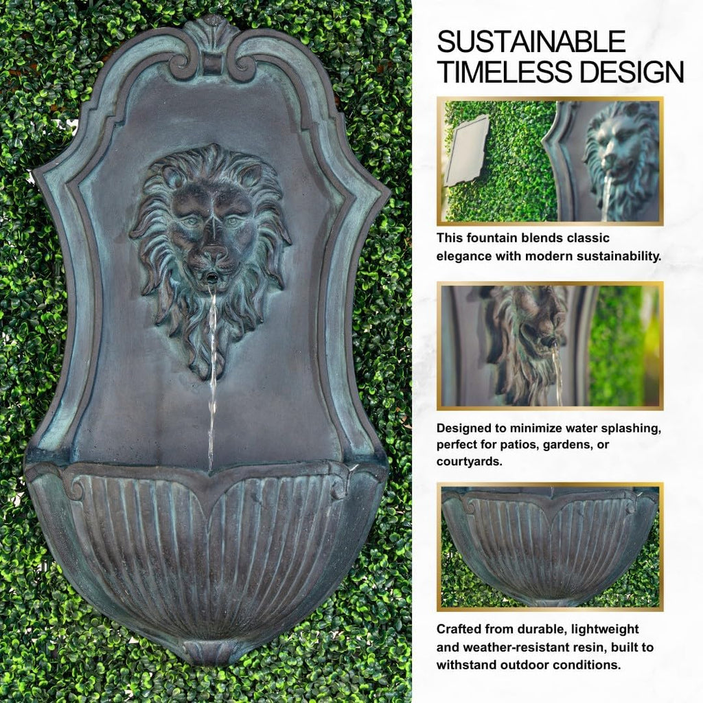 XBrand 29.9' Solar-Powered Wall-Mounted Lion Head Fountain, Resin, Outdoor, Gray