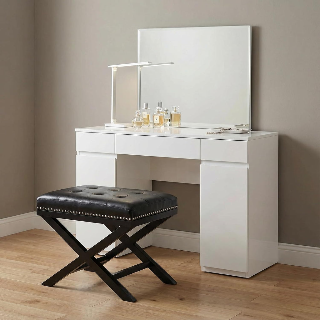 Cortesi Home Kayla Traditional 'X' Bench Vinyl Ottoman with Nailhead Trim Finish, Black