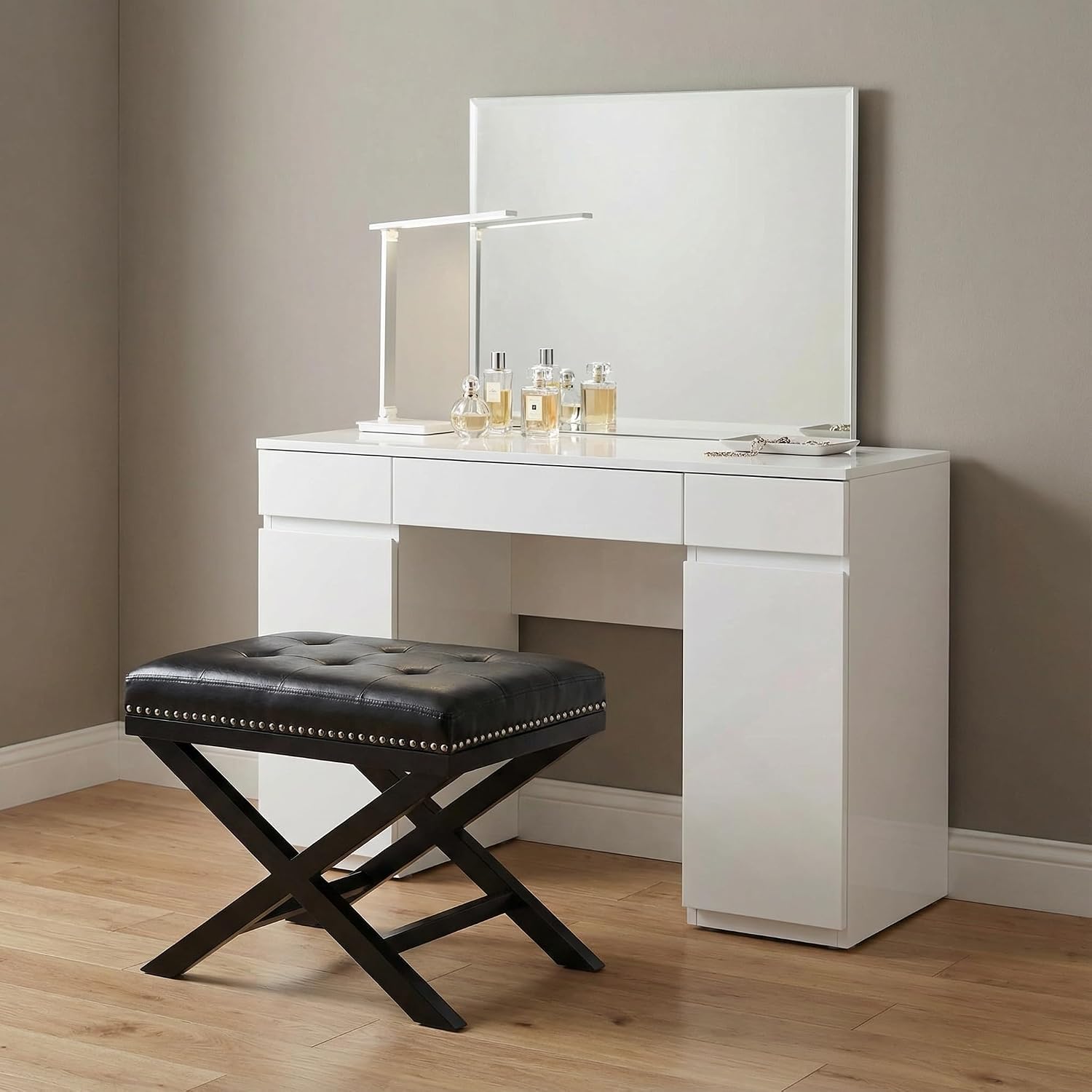 Cortesi Home Kayla Traditional 'X' Bench Vinyl Ottoman with Nailhead Trim Finish, Black