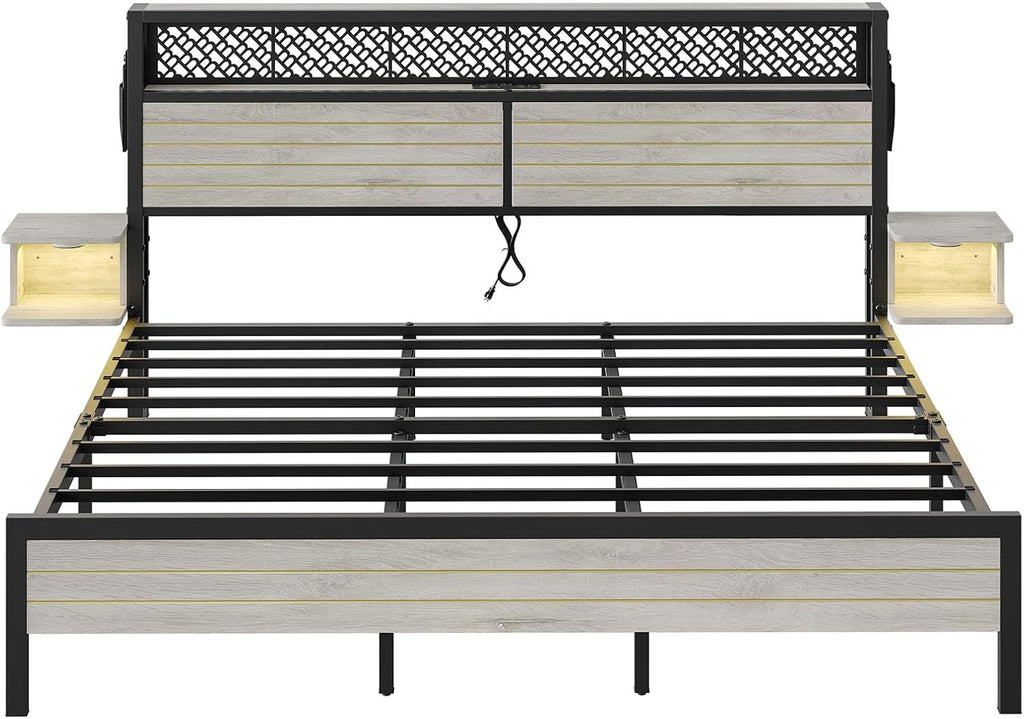 Bestier King Bed Frame with Horizontal Golden Stripe Storage Headboard&LED Nightstands, Metal Platform Bed with Charging Station, Heavy Duty Metal Slats, No Box Spring Needed, Noise Free(Grey Oak)