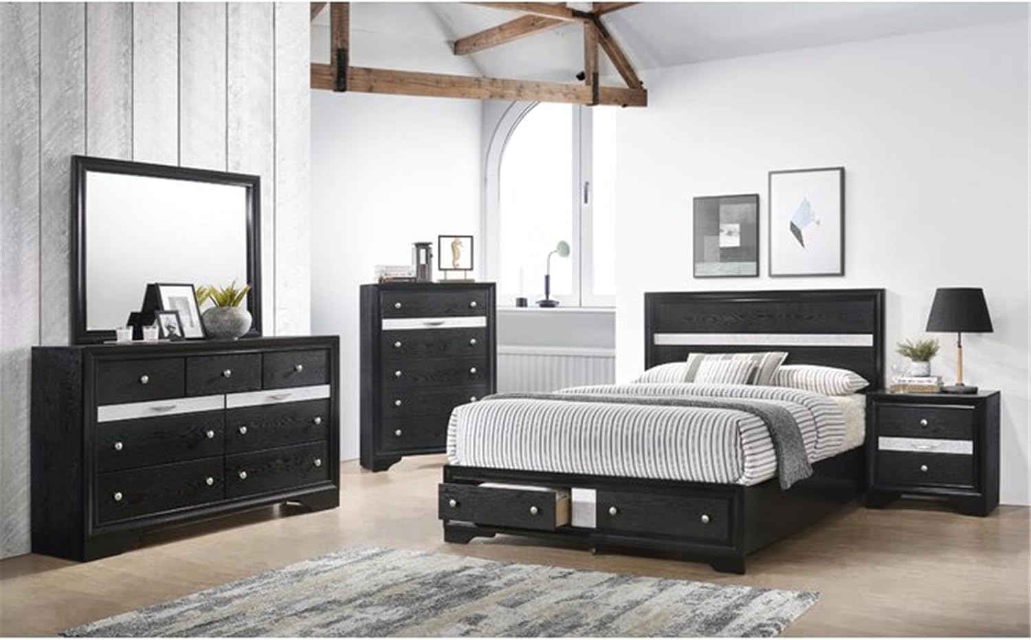 Luxurious Multi-Piece Bedroom Furniture Set with LED Headboard, Stone-Accented Drawer Pulls, and Soft-Tufted Upholstery (Black,Queen 4 PCS Set)