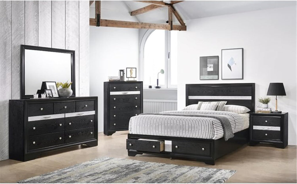 Luxurious Multi-Piece Bedroom Furniture Set with LED Headboard, Stone-Accented Drawer Pulls, and Soft-Tufted Upholstery (Black,King 4 PCS Set)