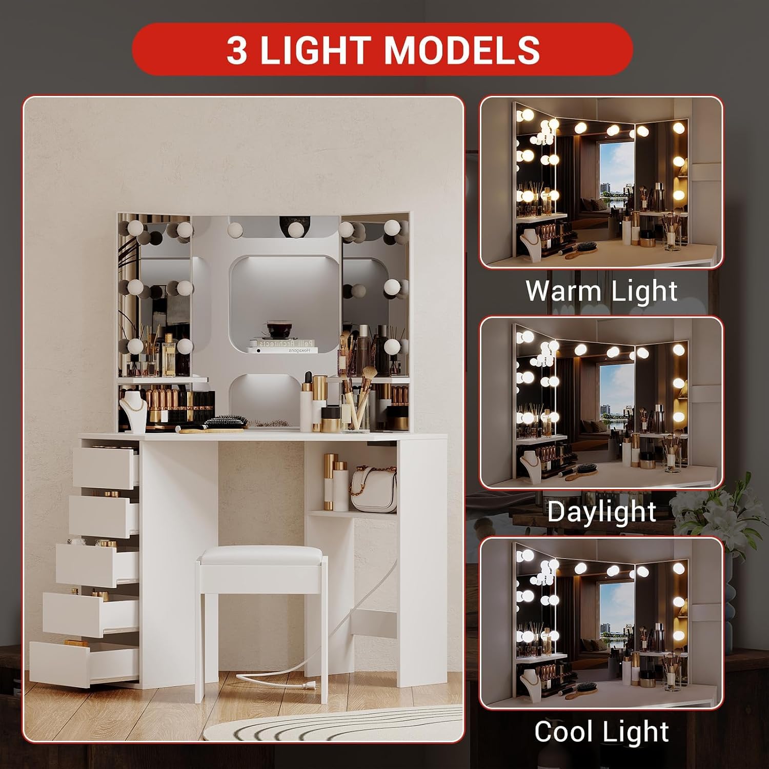 GarveeHome Corner Vanity and Stool, Corner Vanity Desk with Mirror and Lights, Corner Makeup Vanity with Power Outlet, 3 Color & Brightness Adjustable Light, Makeup Vanity for Girls and Women, White