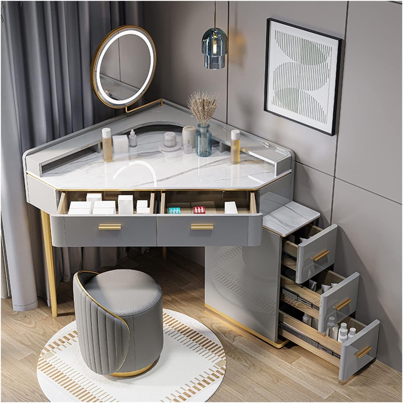 Makeup Table Vanity Slate Corner Dressing Table Bedroom Small Apartment Modern Minimalist Dressing Table Storage Cabinet Corner Dressing Table Vanity Desk(Color:80cm)