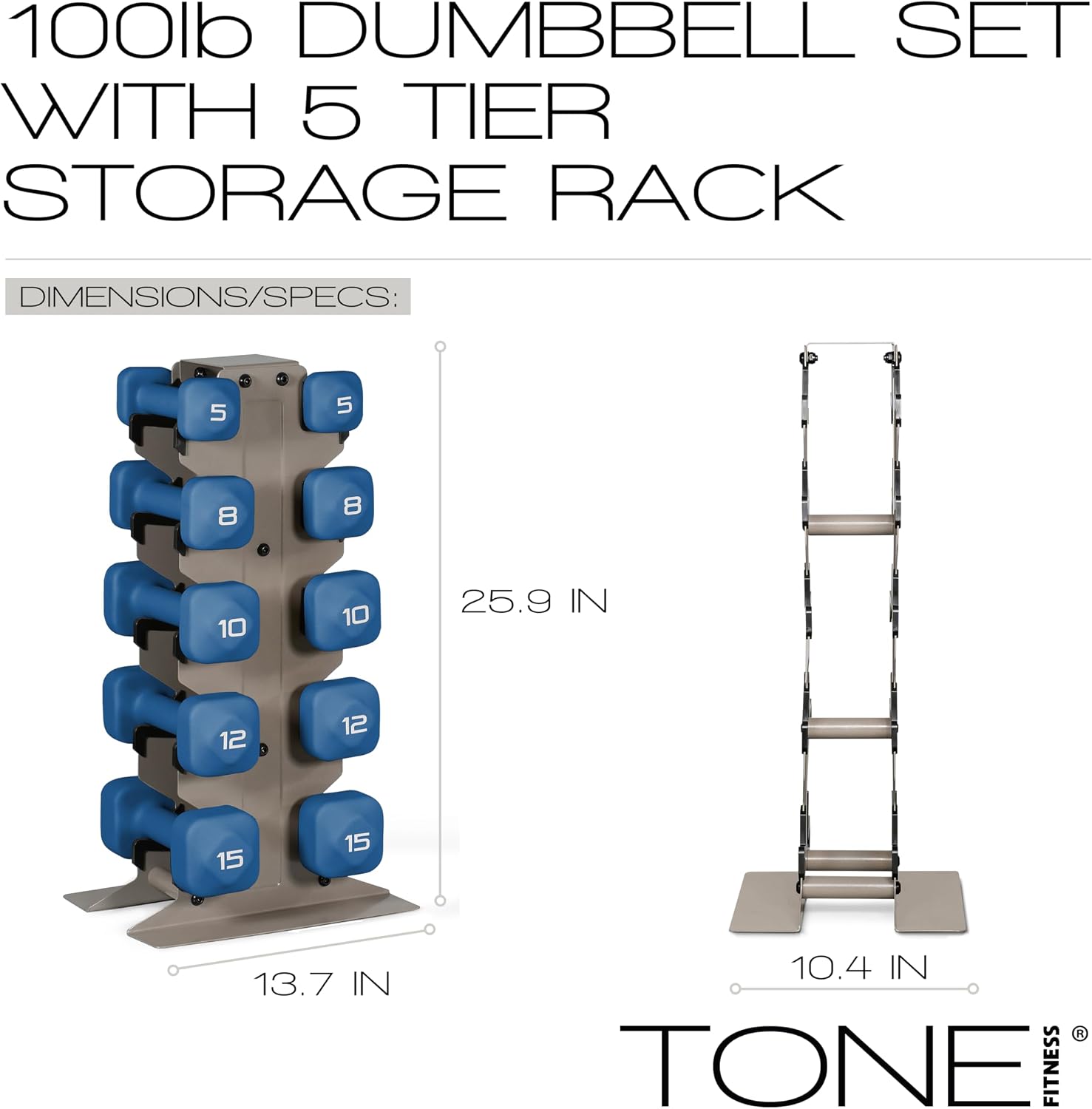 Tone Fitness Neoprene Dumbbell Set with Storage Rack – Non-Slip, Anti-Roll Hand Weights for Home Gym Workouts | 20 lb, 32 lb, 50 lb, 60 lb & 100 lb Options