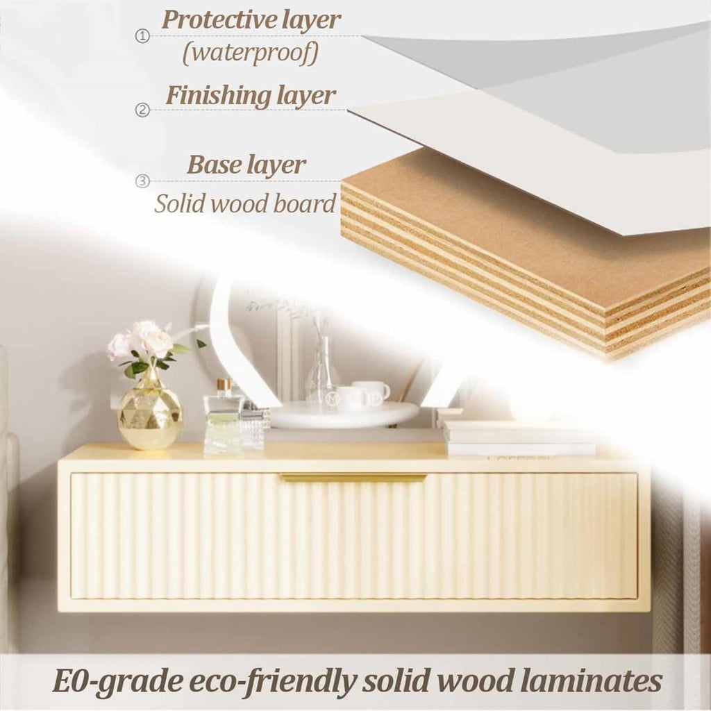 2 Drawers Vanity, Floating Vanity Makeup Table, Solid Wood Wall Mounted Makeup Desk, Suspended Corner Desk, Floating Nightstand Bedside Table for Bedroom (70 * 26 * 18cm)