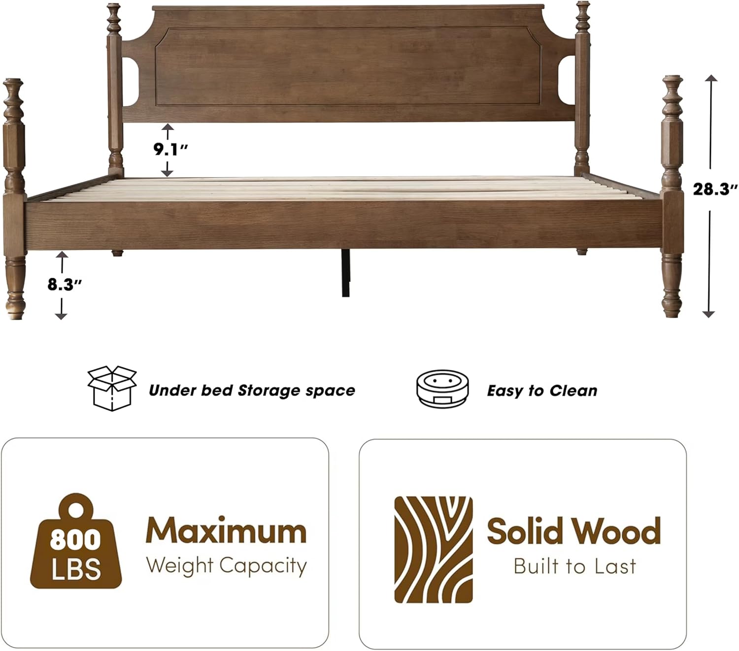Solid Wood King Size Bed Frame with Headboard & Footboard, Platform Bed, Central Metal Legs, 12 Sturdy Slats, Under Bed Storage, Easy Assembly, Noise-Free & Anti-Slip, Barnwood Finish, ROK-30