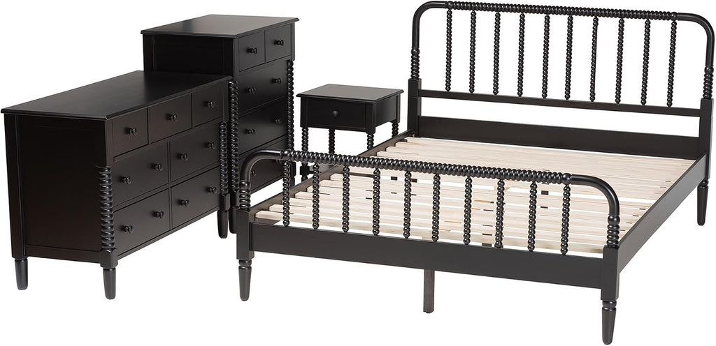 Baxton Studio Braith Farmhouse Black Spindle Wood Queen Size 4-Piece Bedroom Set