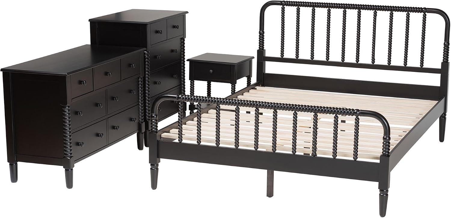 Baxton Studio Braith Farmhouse Black Spindle Wood Queen Size 4-Piece Bedroom Set
