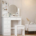 FUFU&GAGA White Vanity Set with Round Mirror, Makeup Vanity Bedroom Dressing Table with 5 Drawers, Shelves, Dresser Desk and Cushioned Stool