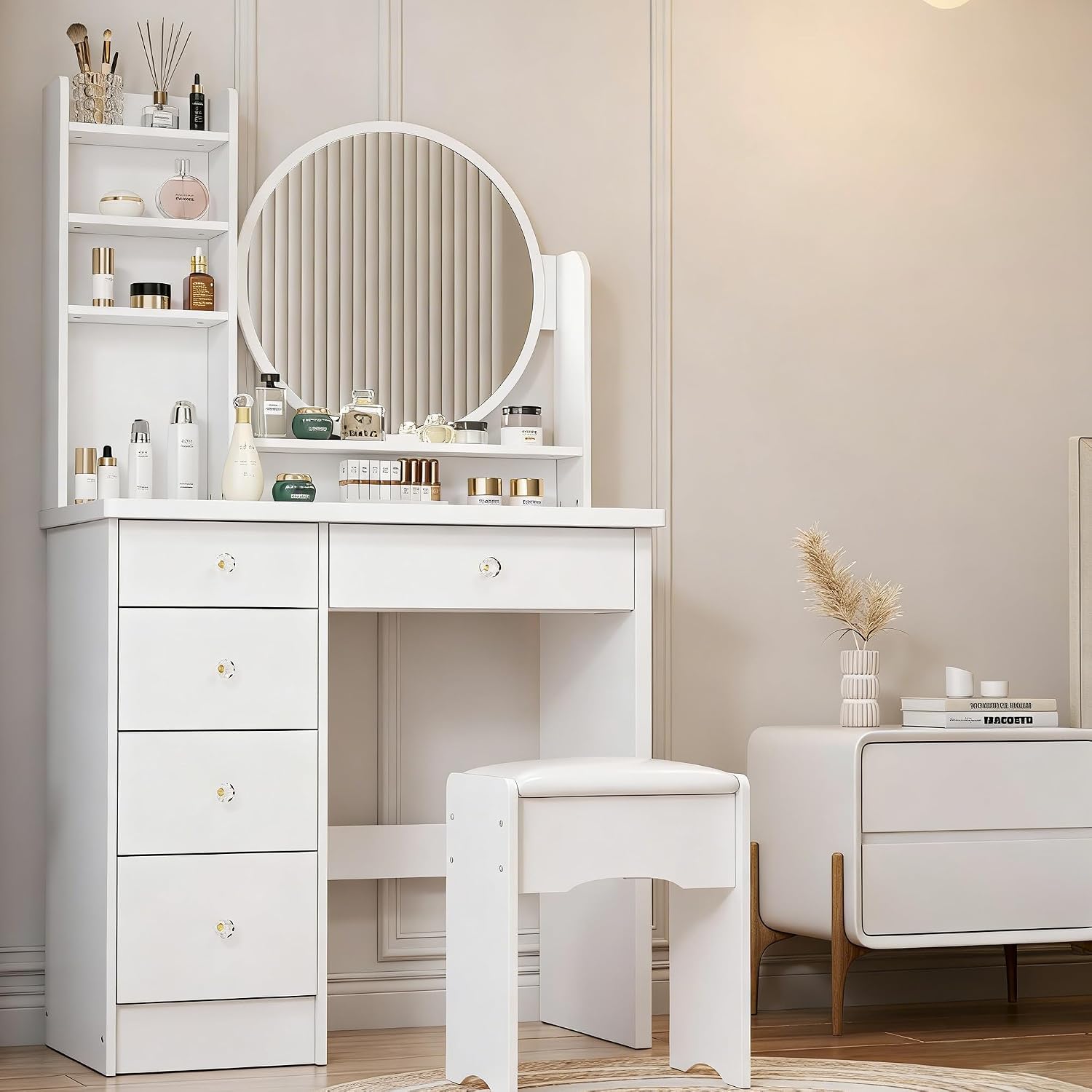 FUFU&GAGA White Vanity Set with Round Mirror, Makeup Vanity Bedroom Dressing Table with 5 Drawers, Shelves, Dresser Desk and Cushioned Stool
