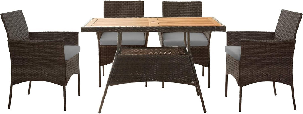Teamson Home Outdoor 5-Piece PE Rattan and Acacia Wood Patio Dining Set with Four Chairs and Table, Brown