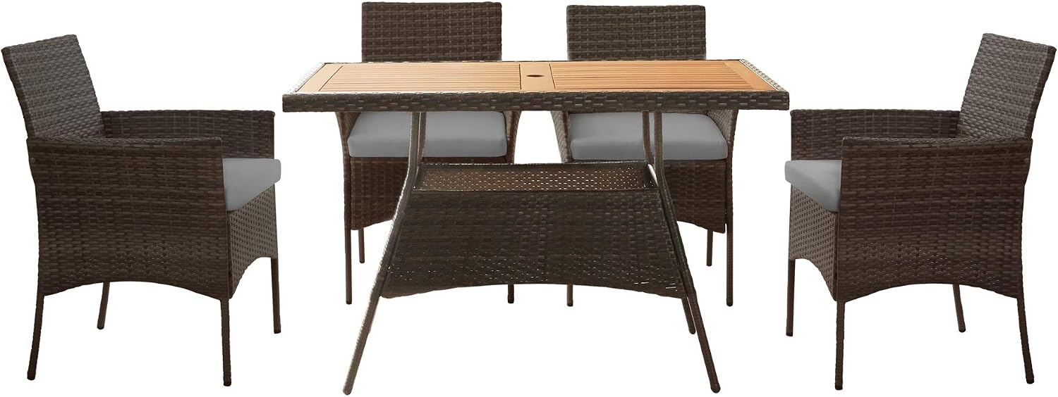Teamson Home Outdoor 5-Piece PE Rattan and Acacia Wood Patio Dining Set with Four Chairs and Table, Brown