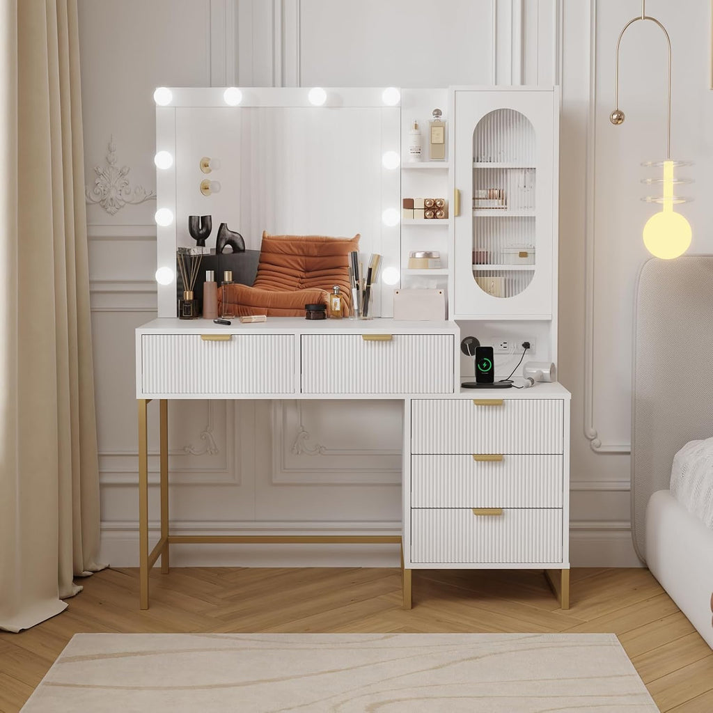 Modern Vanity Makeup Desk with Vanity Mirror, Built-in Lights, 5 Drawers, Power Outlet, Makeup Desk for Bedroom, White & Gold, Wavy Stripes