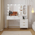 Modern Vanity Makeup Desk with Vanity Mirror, Built-in Lights, 5 Drawers, Power Outlet, Makeup Desk for Bedroom, White & Gold, Wavy Stripes