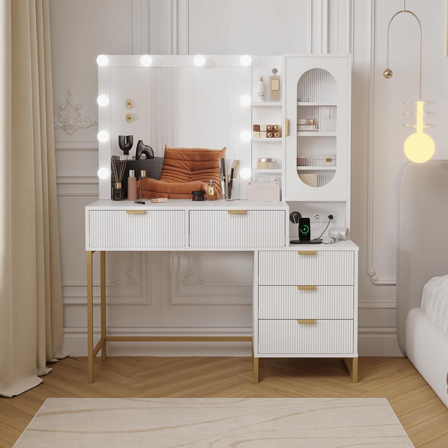 Modern Vanity Makeup Desk with Vanity Mirror, Built-in Lights, 5 Drawers, Power Outlet, Makeup Desk for Bedroom, White & Gold, Wavy Stripes
