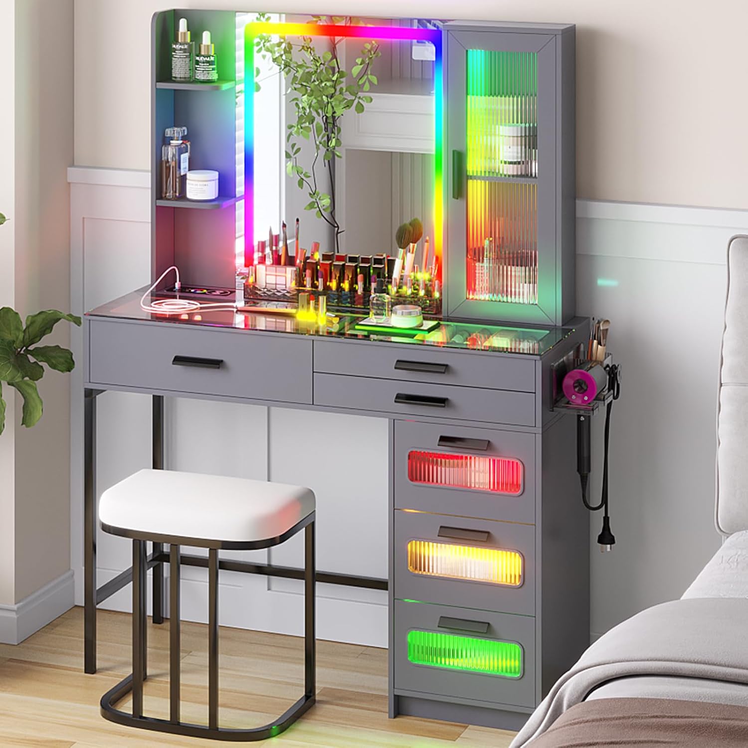 WOOVIVS Vanity with Lights for Girls- Vanities Table with LED Mirror, RGB Makeup Vanity with Wireless Charging Station, 6 Drawers Dress with Glass Top,Chair,Jewelry Organizer for Bedroom-Grey