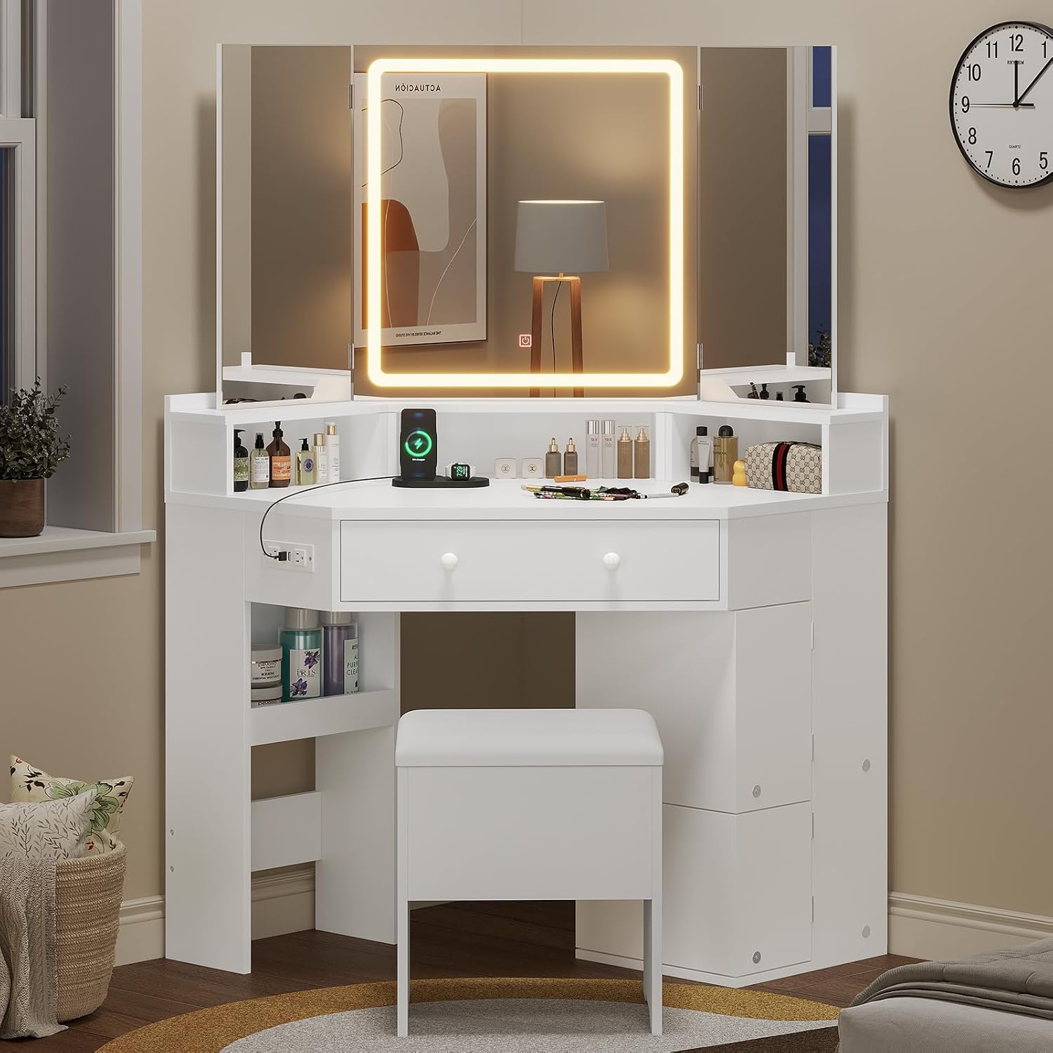 BTHFST Corner Vanity with Tri-Fold Mirror & Cushioned Storage Stool, Vanity Desk with Mirror and Lights, Makeup Vanity with Charging Station, Makeup Table with Drawers, Shelves, White