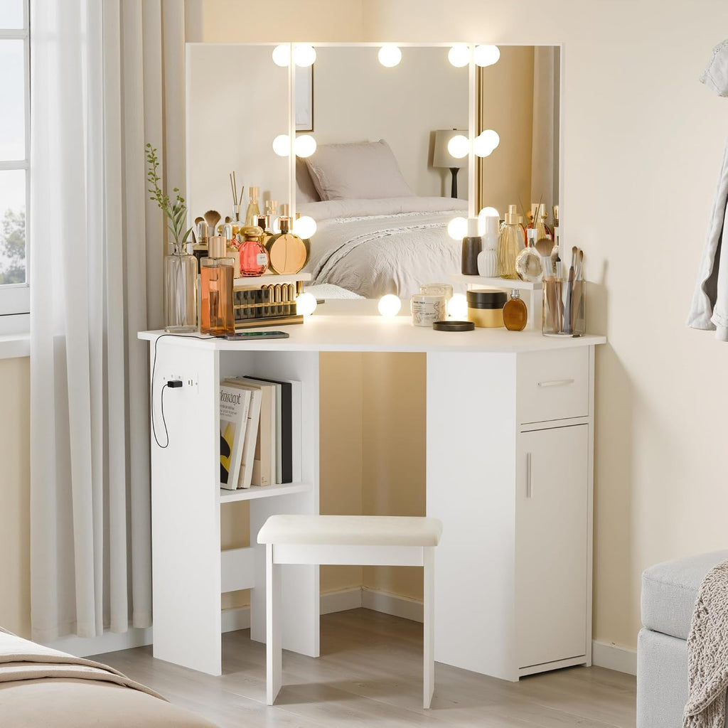 Small Corner Vanity Desk with Mirror and Lights, Bedroom Makeup Vanity Table with Lighted Mirror Sliding Drawers & Storage Cabinet, Charging Station 3 Color Adjustable Vanitys for Girls Women - White