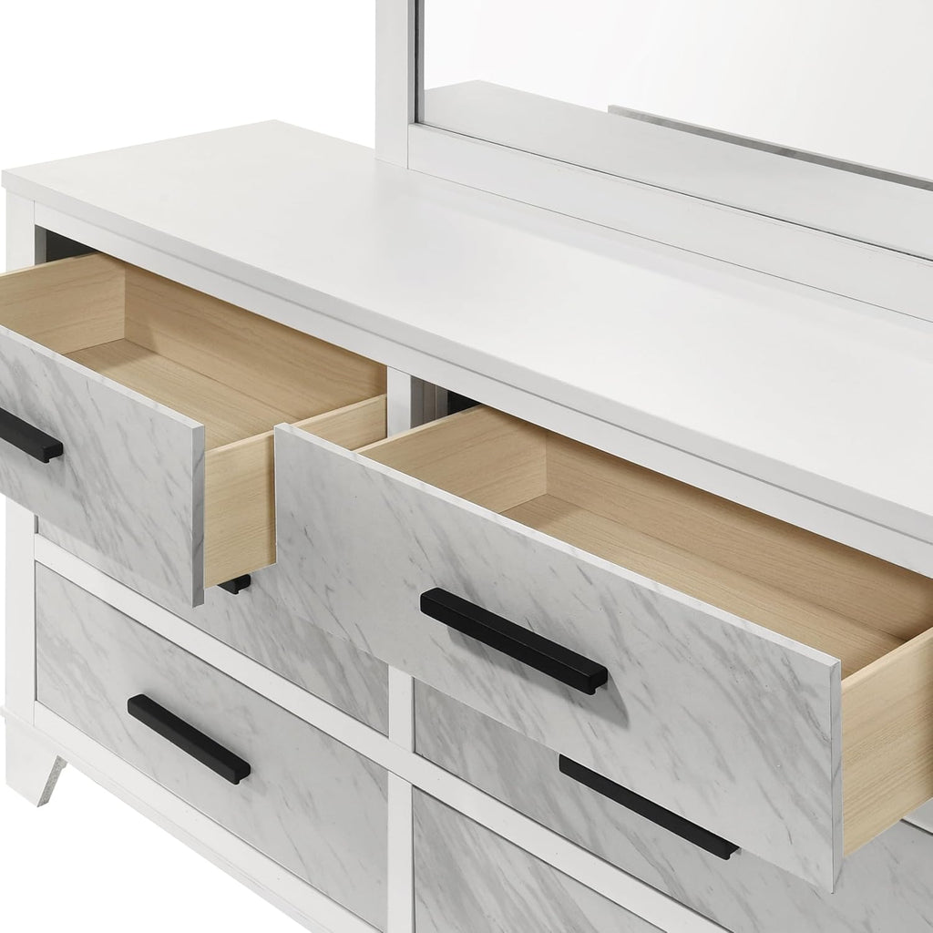 Furniture of America Anton Modern Solid Wood 4-Piece Bedroom Set with Faux Marble Headboard Bed, Metal Center Glide on Nightstand and Dresser with Mirror, Box Spring Needed for Bedroom, Full, White