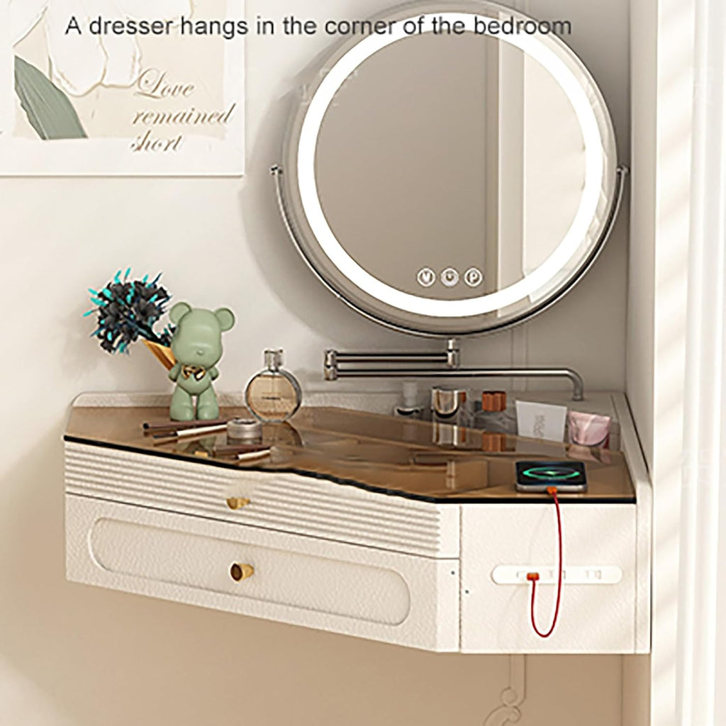 Nordic Wall-Mounted Floating Vanity Desk, Corner Hanging Table with Tea-Tinted Glass Top and Recessed Storage for Small Bedrooms(60cm/23.6in)
