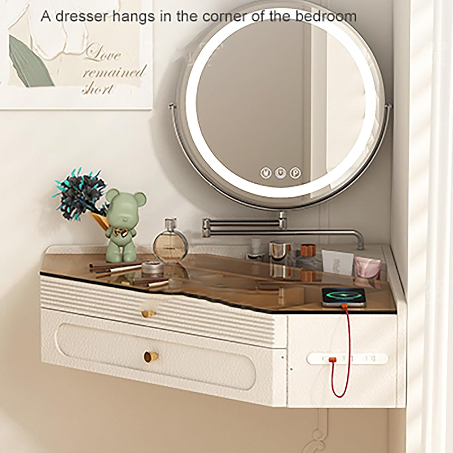 Nordic Wall-Mounted Floating Vanity Desk, Corner Hanging Table with Tea-Tinted Glass Top and Recessed Storage for Small Bedrooms(80cm/31.4in)