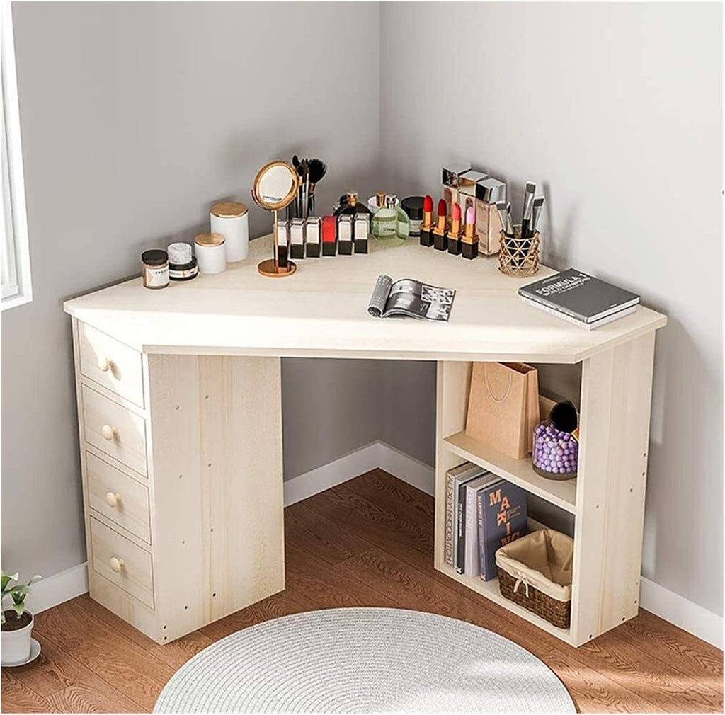 Luxury Dressing Vanity Table w/Stool for Bedroom, Corner Vanity Table, Solid Wood Dressing Table, Large Storage Organizer and Open Compartment, with Shelf Holder(B)