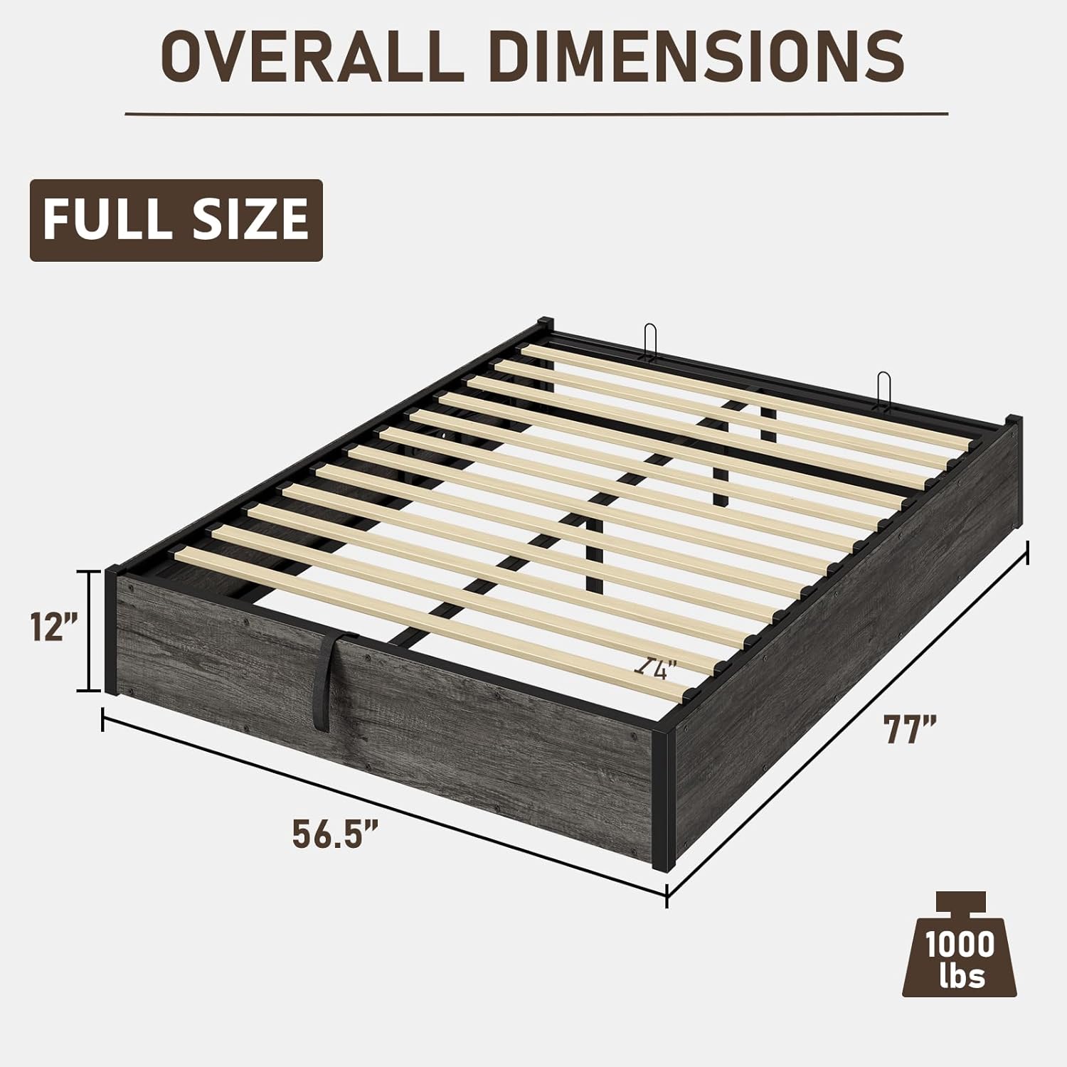 LUXOAK Full Size Lift Up Storage Platform Bed Frame, Metal Bed Frame with Wooden Slats Support, No Box Spring Needed, Large Storage Space, Noise Free, Easy Assembly, Rustic Grey