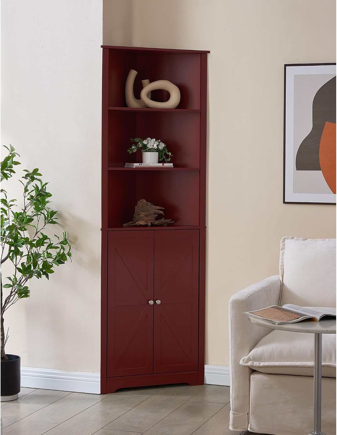 Kings Brand Furniture Tall Wooden Corner Cabinet with 2 Doors and 5 Shelves Storage Shelf Organizer, Home Space Saver, Bathroom, Kitchen, Living Room, Red