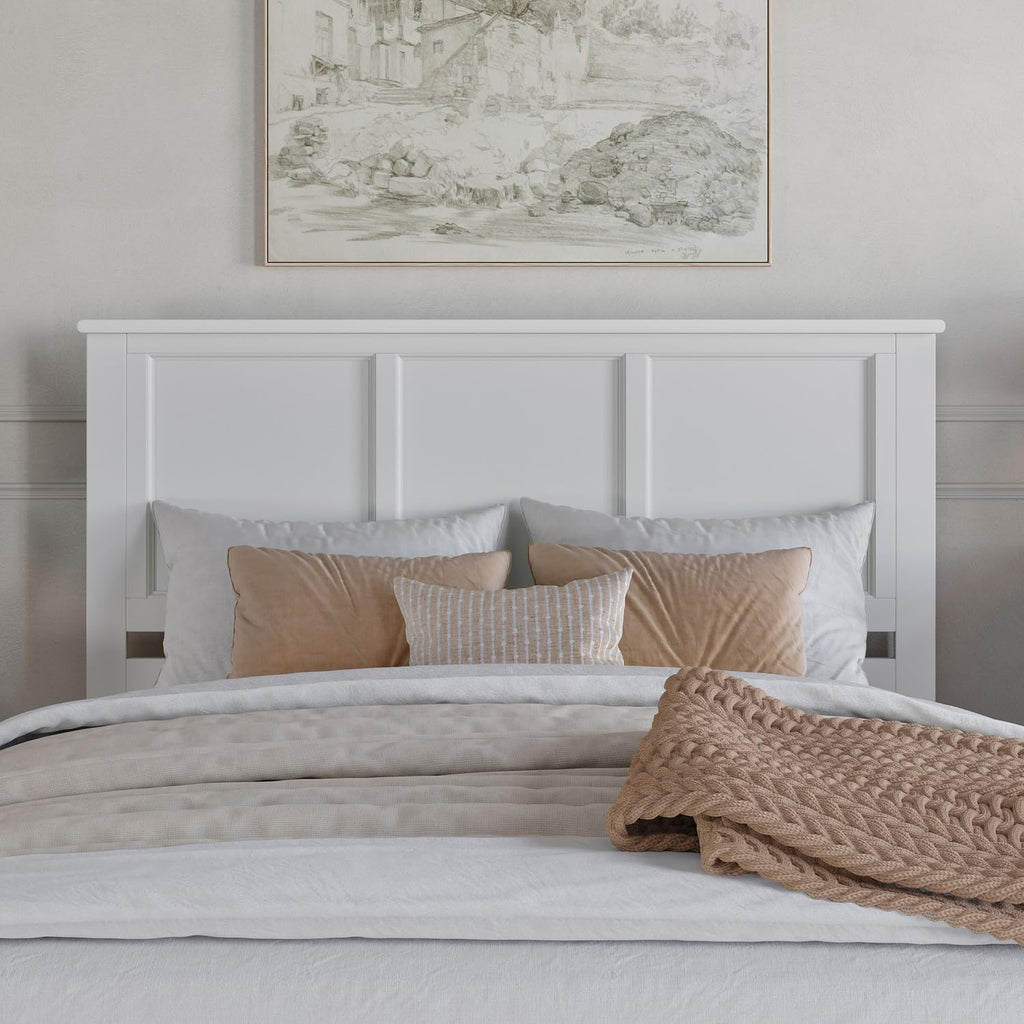 HomeStock Victorian Headboard with USB Charger Wood Panel Design Metal Bed Frame Compatible White/Queen