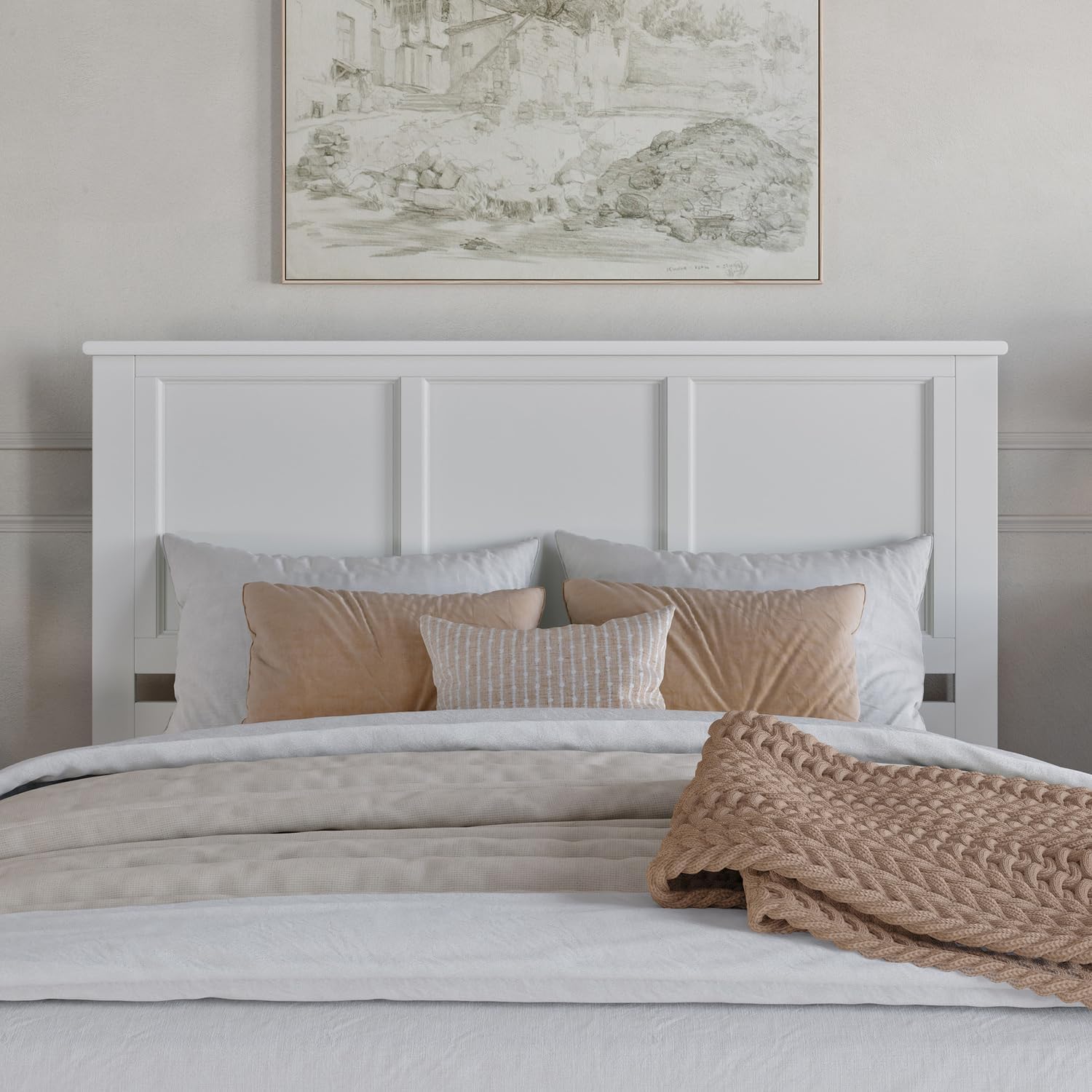 HomeStock Victorian Headboard with USB Charger Wood Panel Design Metal Bed Frame Compatible White/Queen