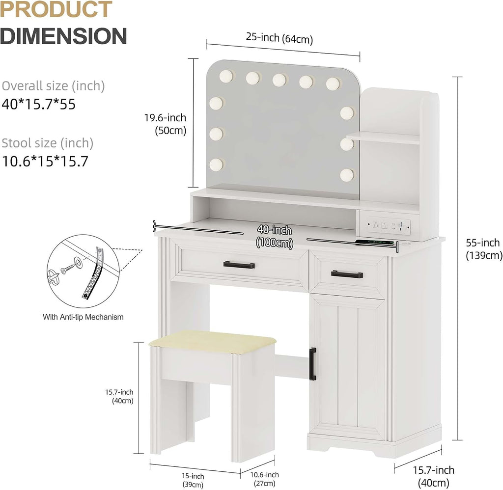 Lvifur Farmhouse Makeup Vanity Desk with Lighted Mirror, LED Vanity Table with Mirror and Lights, Dressing Table with Charging Station, Vanity Set with Storable Stool & Drawer, Gift for Girls (White)