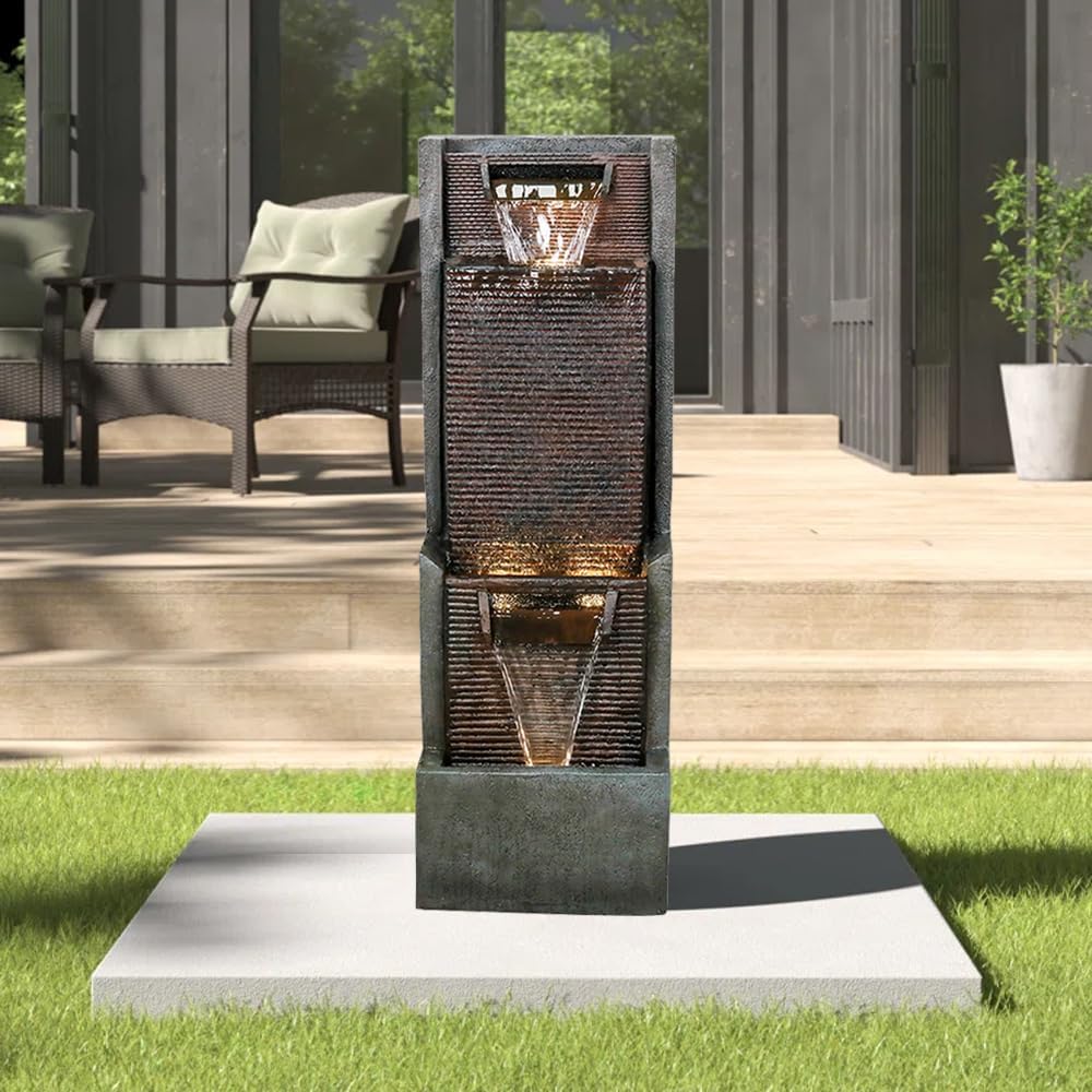 Outdoor Garden Water Fountain with Contemporary Design&LED Light Floor-Standing Water Feature Fountain - Suitable for Deck, Patio, Porch, Yard Decor