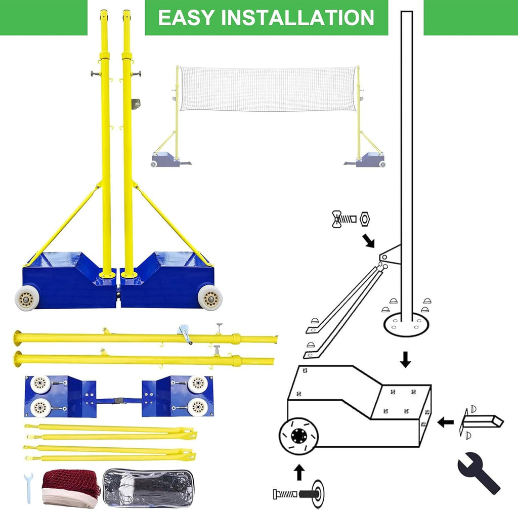 Volleyball/Badminton Poles, Mobile Badminton Net Bracket with Wheel & Heavy Base, Adjustable Height Volleyball Net Stand for Outdoor Indoor Backyard