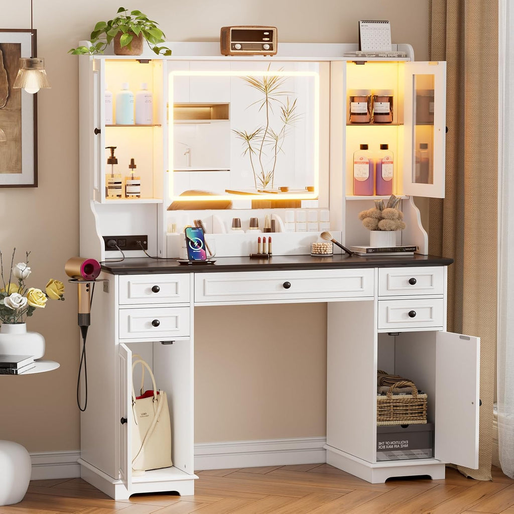 PAKASEPT Vanity Desk with Mirror and Lights, Makeup Vanity with 3 Lighting Modes& Charging Station, 5 Drawers, 4 Cabinets, Farmhouse Bedroom Vanitys for Women, Girls, Teens