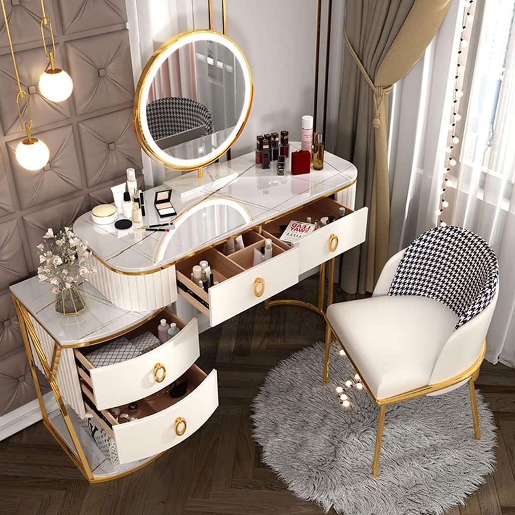 Vanity Benches Vanity Desk Set Bedroom Modern Dresser Ladies Fashion Dresser Bedroom Small Table with Side Cabinet, Mirror, Stool (Color : A)