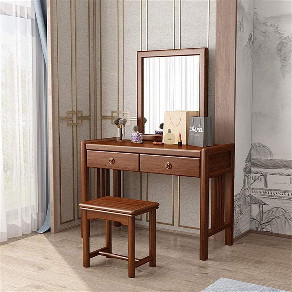 Vanity Table Set with Rectangular Mirror 2 Large Drawers with Sliding Rails Makeup Dressing Table with Stool Vanity Benches