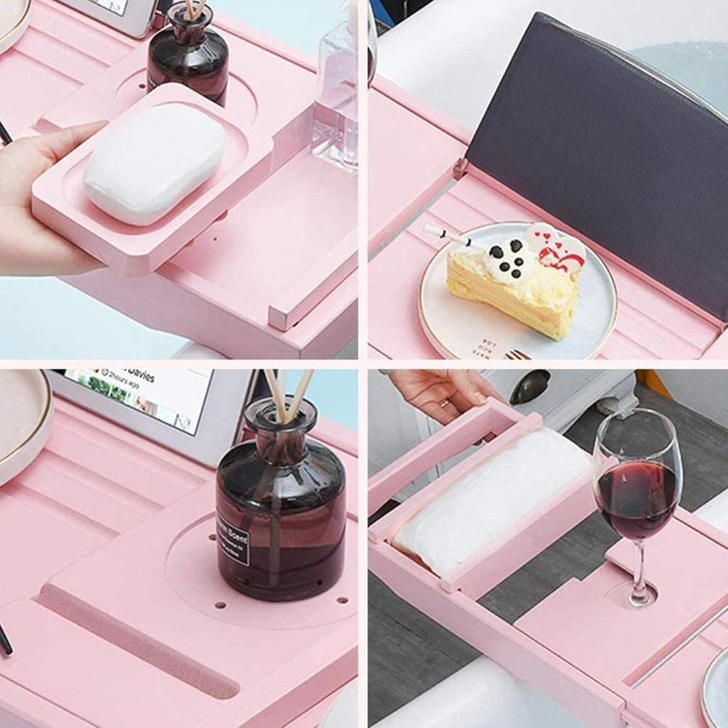 Bamboo Bathtub Caddy Tray with Glass Holder Expandable Design for Most Bathtubs Sturdy Stylish and Pink 75 110 * 23 * 5cm