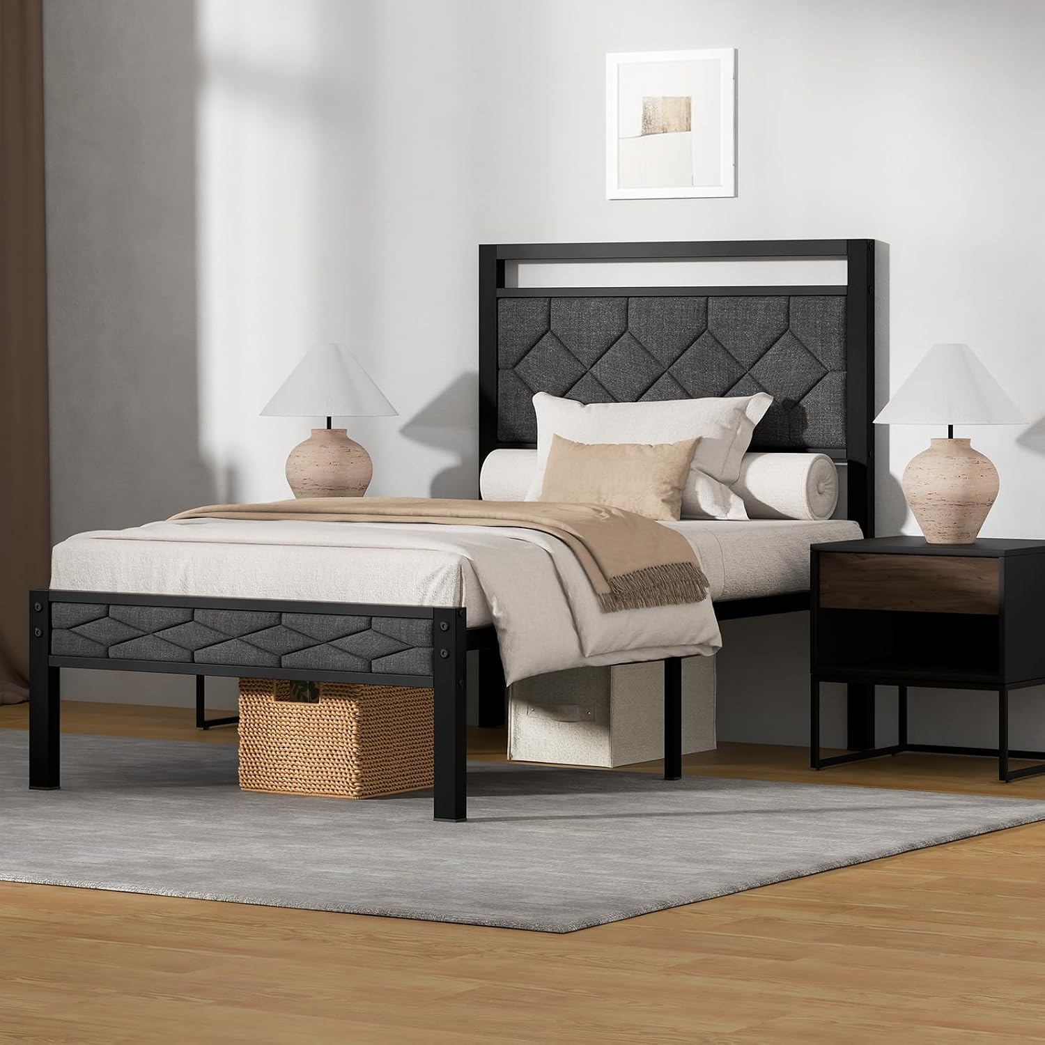 Z-hom King Size Bed Frame, King Bed Frame with Upholstered Headboard, Metal Platform Beds Solid and Stable, Grey, Noise Free, Easy Assembly, No Box Spring Needed