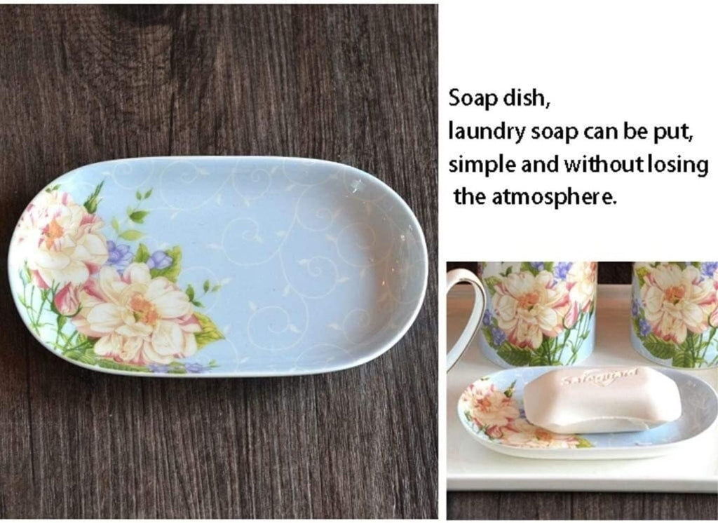 Vanity Bathroom Decor, Bathroom Accessory Sets Modern Design 5-Piece Bathroom Ceramic Soap Dish Soap Dispenser Tooth Brush Holder Housewarming Gift(Pink)