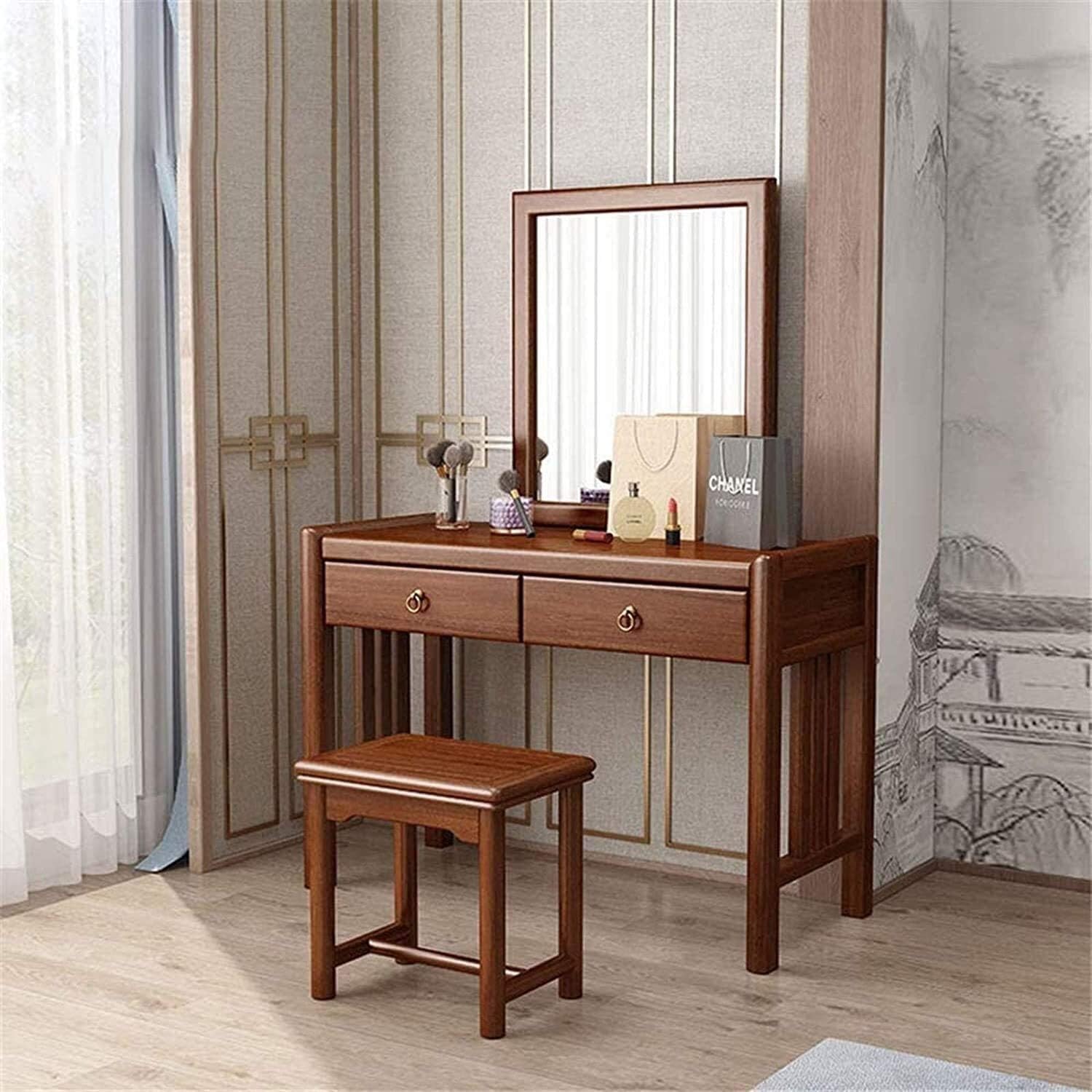Vanity Table Set with Rectangular Mirror 2 Large Drawers with Sliding Rails Makeup Dressing Table with Stool Vanity Benches