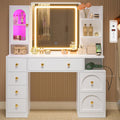 DICTAC Makeup Vanity Desk with Mirror and Lights, Large Vanity Table with Charging Station, 7 Drawers & 5 Hooks, RGB Lighted Glass Cabinet, Adjustable Shelf, for Bedroom & Bathroom, White