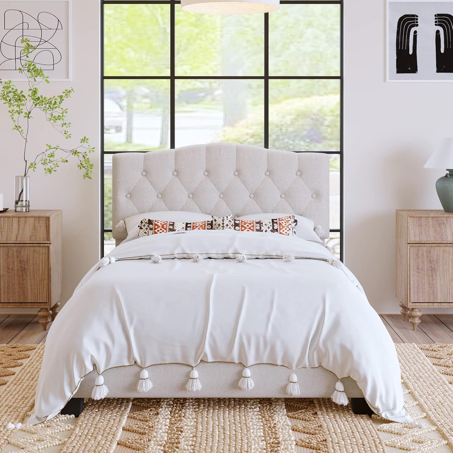 King Size Bed Frame, Upholstered Platform Bed with Diamond Tufted Headboard, Sturdy Slat Support Mattress Foundation, No Box Spring Needed, Modern Bedroom Furniture (King)