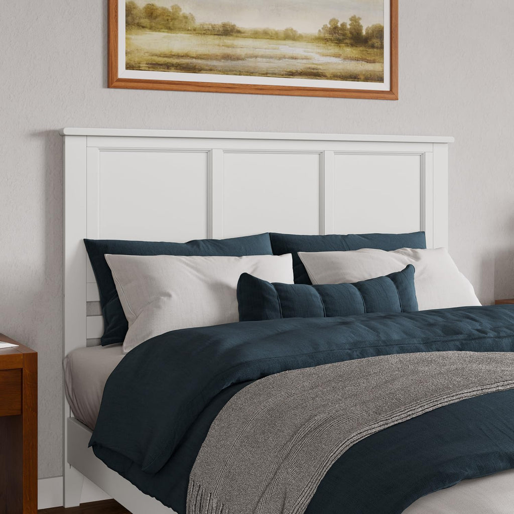 HomeStock Victorian Headboard with USB Charger Wood Panel Design Metal Bed Frame Compatible White/Queen