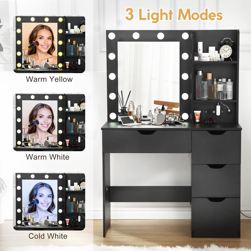 Modern Vanity Makeup Desk with Vanity Mirror, Built-in Lights, 4 Drawers, Crystal Ball Knobs, Power Outlet, White Makeup Desk for Bedroom