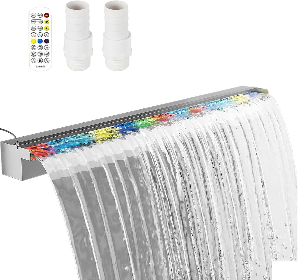 Pool Fountain Stainless Steel Waterfall with LED Lights - 47.2' LED Strip Remote Control with 18 Colors, Smooth Water Flow & Cascade Blade, Easy Installation for Outdoor, Garden, Patio & Ponds