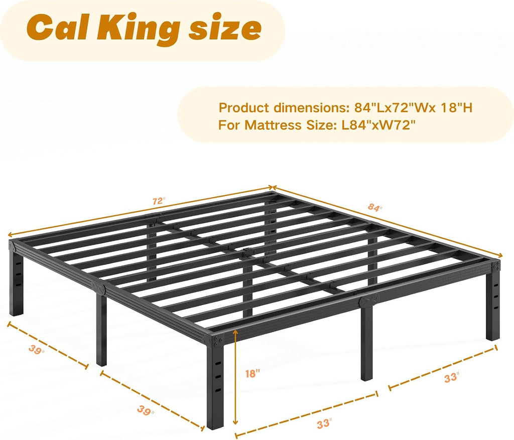 18 Inch High California King Bed Frames No Box Spring Needed, Tall Heavy Duty Metal Platform Cal King Bed Frame for Heavy People with Steel Slat, Easy Assembly, Noise Free, Black
